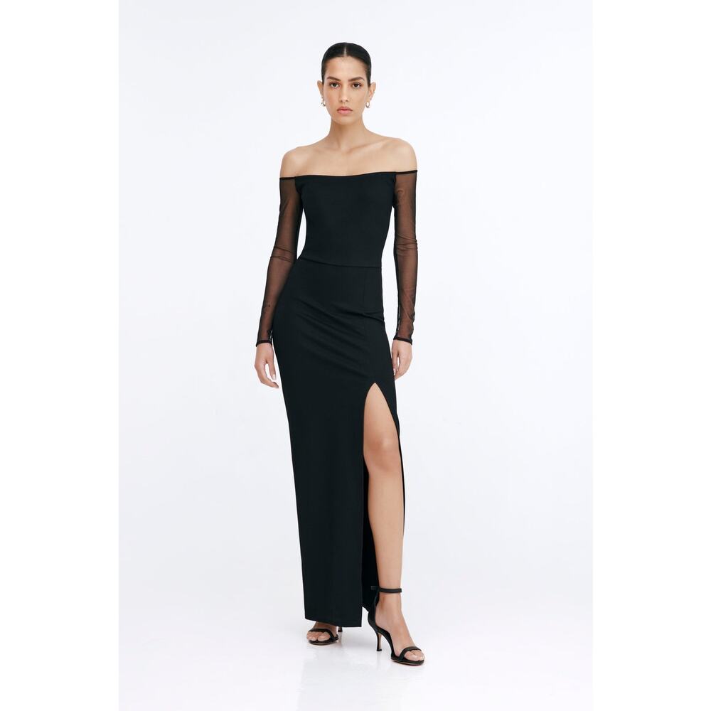 NWT Marcella Marian Off Shoulder Sheer Long Sleeve High Slit Black Dress Size XS